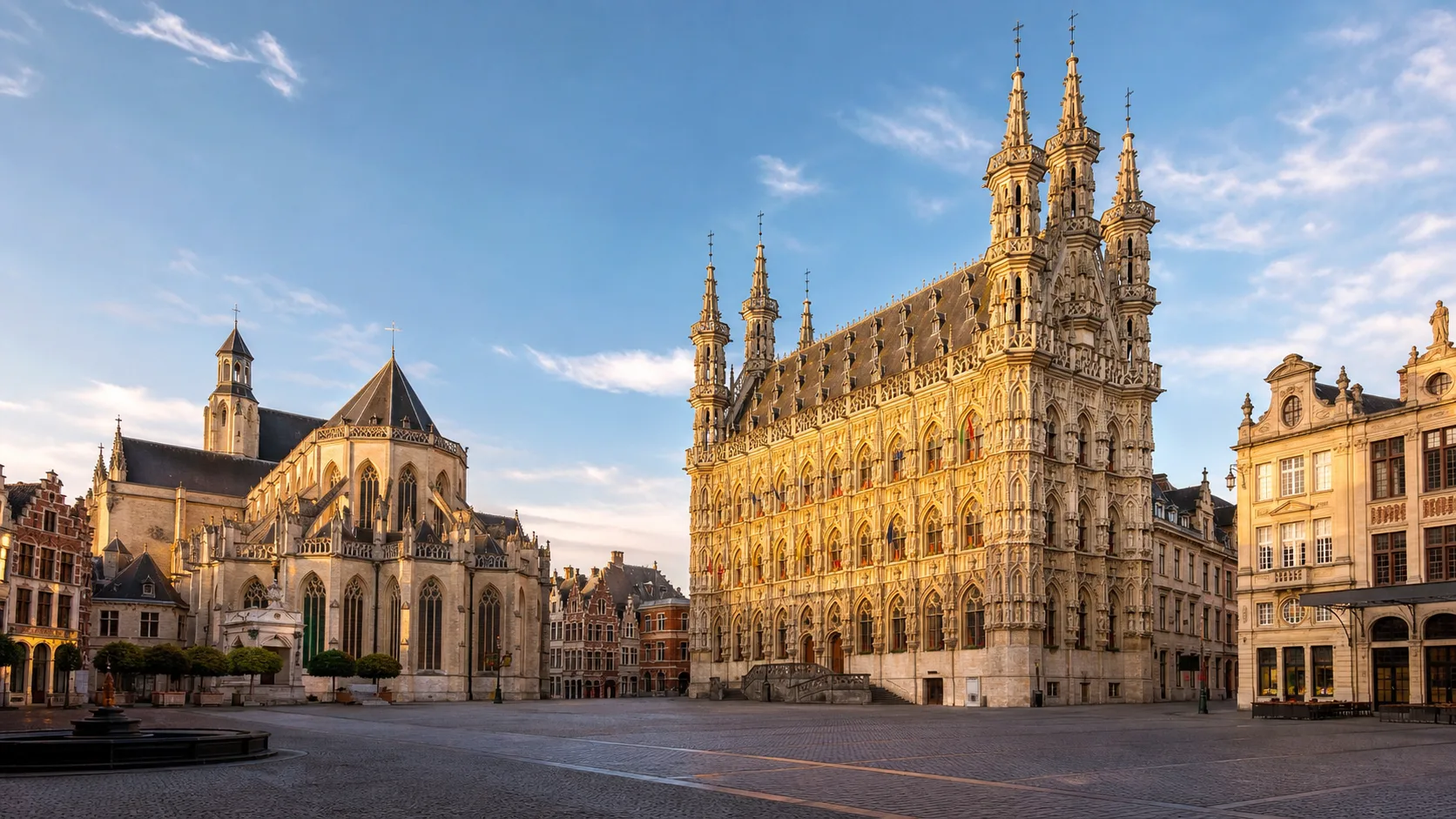 Panoramisch uitzicht op de Grote Markt van Leuven en het historische stadhuis